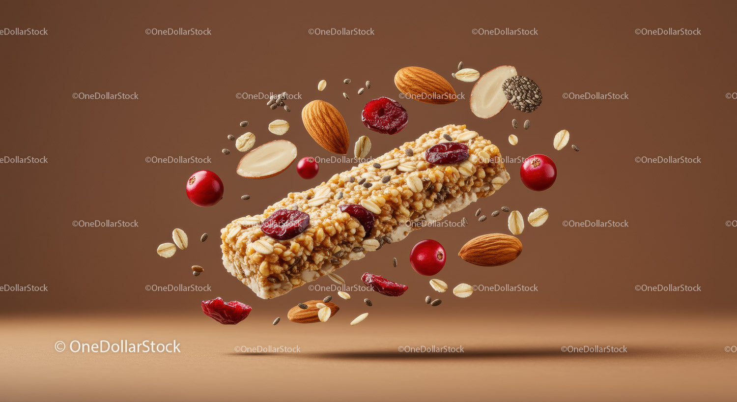 Batonik Granola otoczony orzechami i jagodami w powietrzu