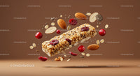 Granola Bar Surrounded by Nuts and Berries in Midair