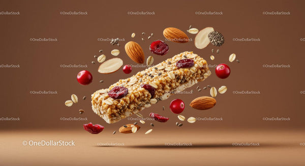 Batony Granola Otoczone Orzechami i Jagodami w Powietrzu