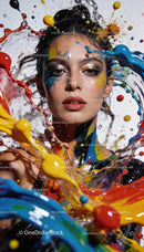 Portrait of woman surrounded by dynamic colorful paint splashes