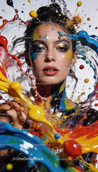 Portrait of woman surrounded by dynamic colorful paint splashes