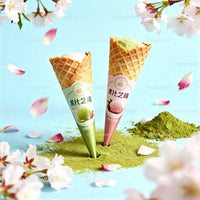 Two Japanese Green Tea Ice Cream Cones with Cherry Blossoms