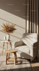 Cozy armchair corner with wooden stools and pampas grass