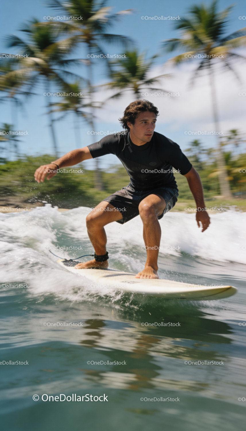 Focused man surfing a wave near tropical palm trees