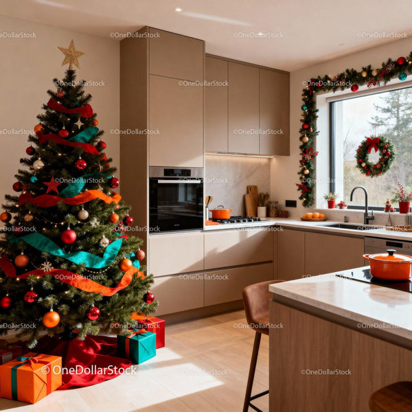 Modern kitchen decorated with colorful Christmas tree and garlands