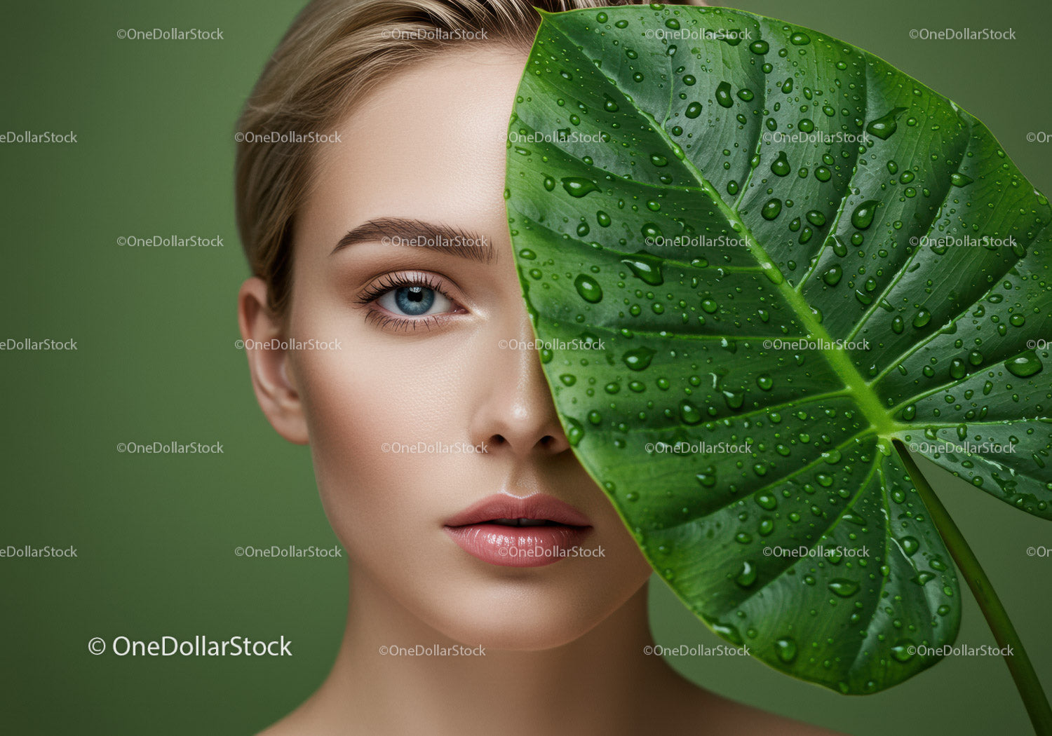 Elegant Woman with Fresh Green Leaf Covering Half Face in Natural Setting