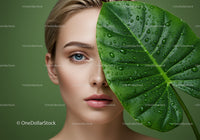Elegant Woman with Fresh Green Leaf Covering Half Face in Natural Setting