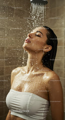 Relaxing Woman Enjoying Shower with Water Droplets in Bathroom
