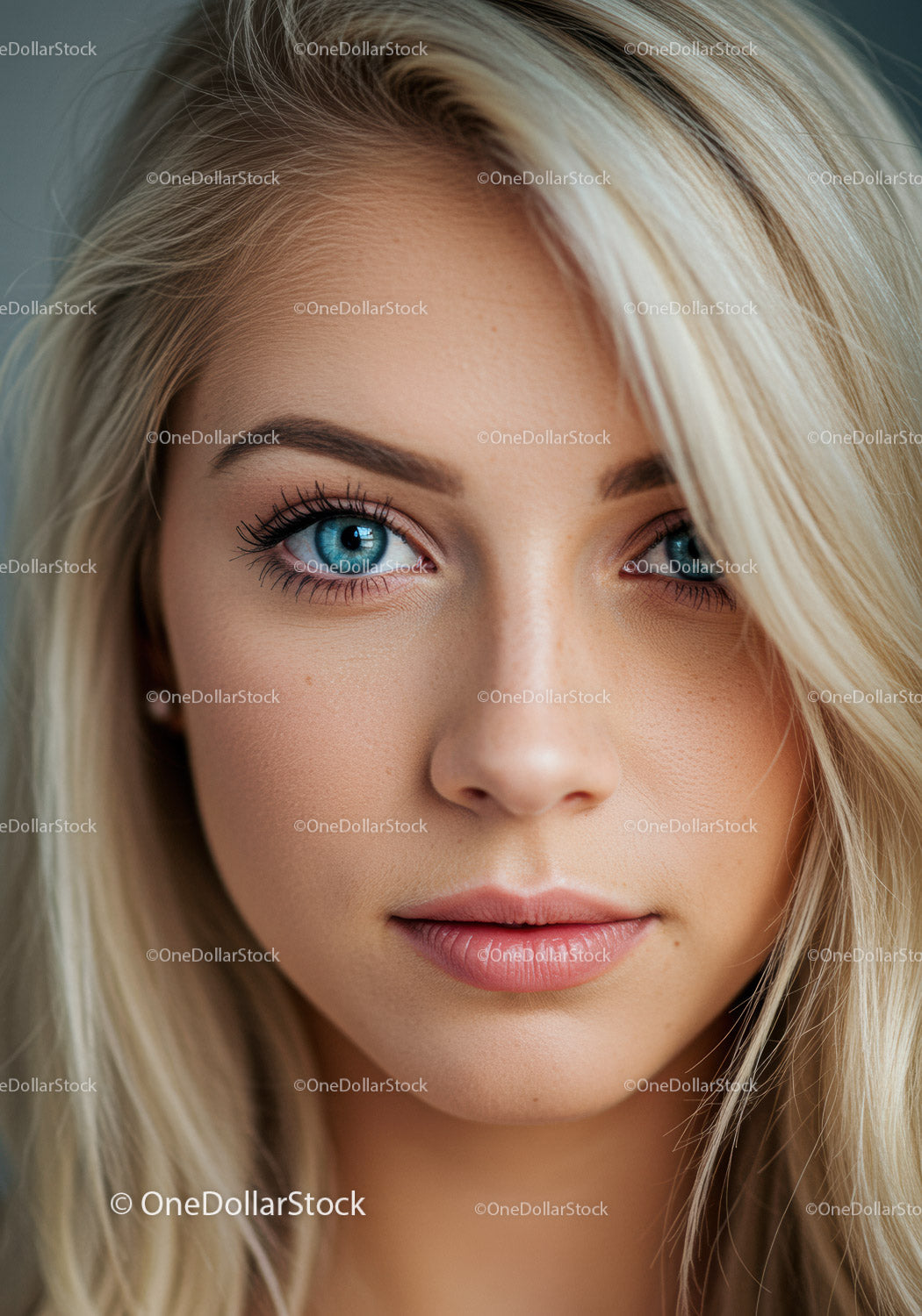 Close up portrait of young woman with blonde hair and blue eyes