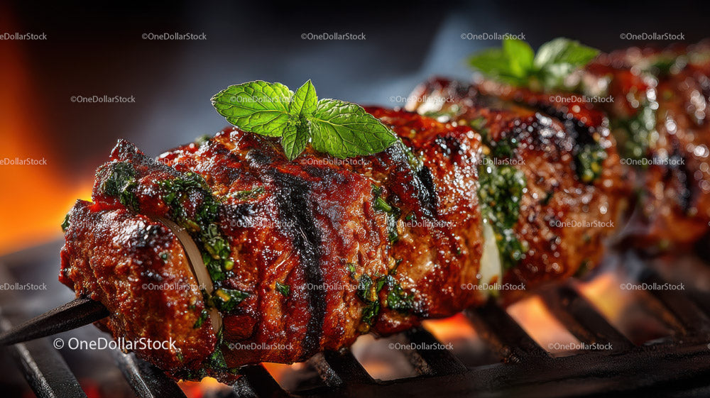 Juicy Grilled Meat Skewers with Charred Edges on Open Flame
