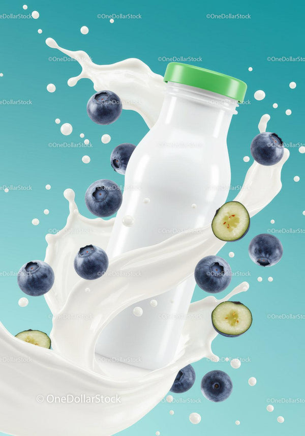 Fresh blueberry splash around milk bottle with green cap JPG Mockup Image
