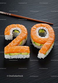 Creative sushi rolls shaped as number twenty nine