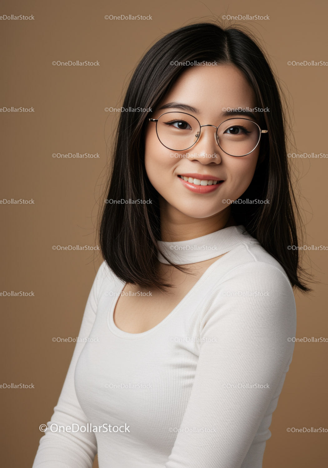Portrait of a Smiling Young Woman with Glasses in Casual Outfit