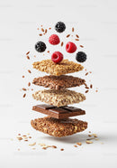 Floating granola bars with chocolate and fresh berries