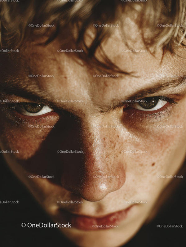 Close-Up Portrait of a Young Woman with Intense Gaze and Freckles