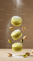 Green pistachio macarons with powdered sugar splash