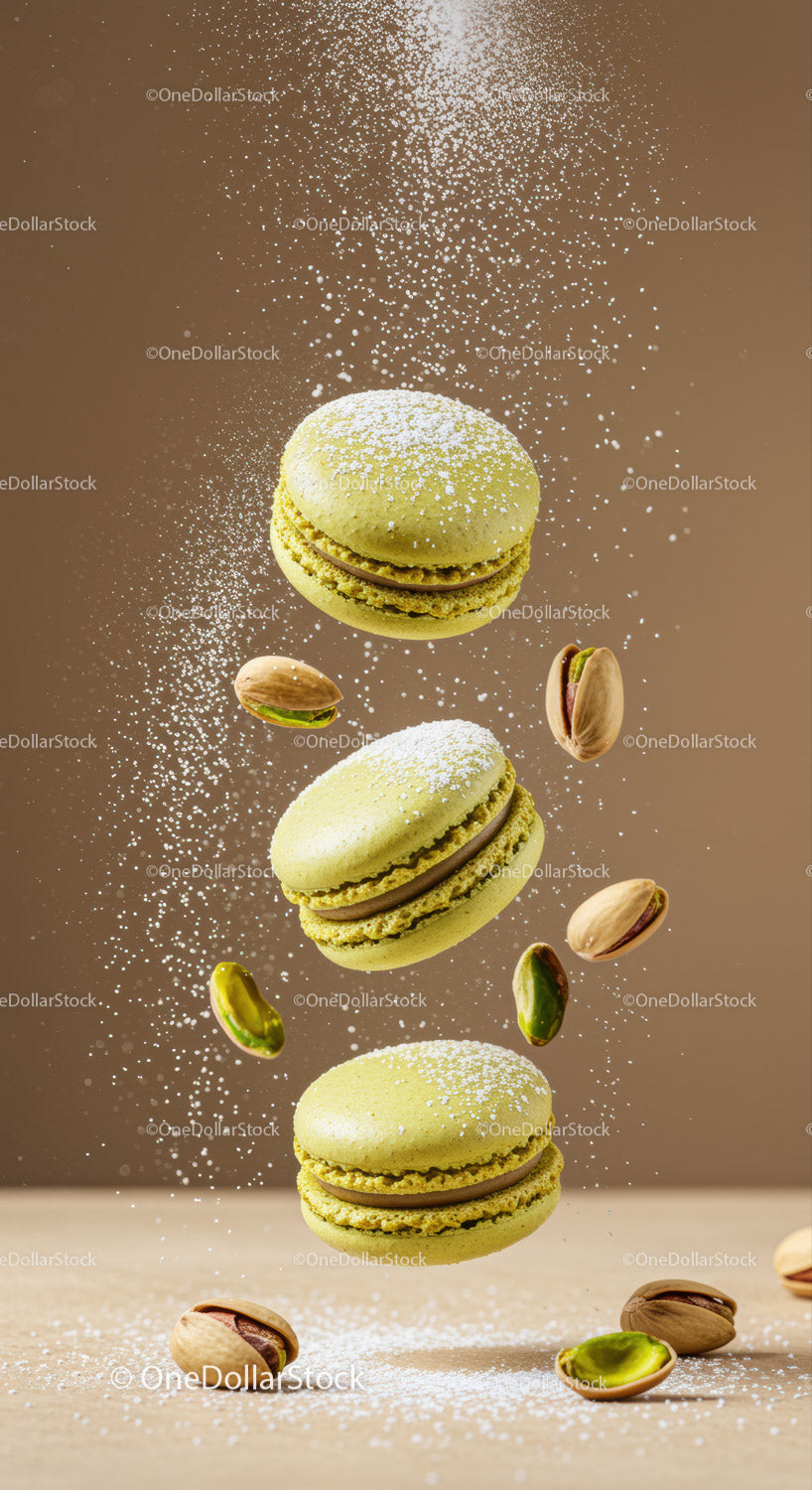 Green pistachio macarons with powdered sugar splash