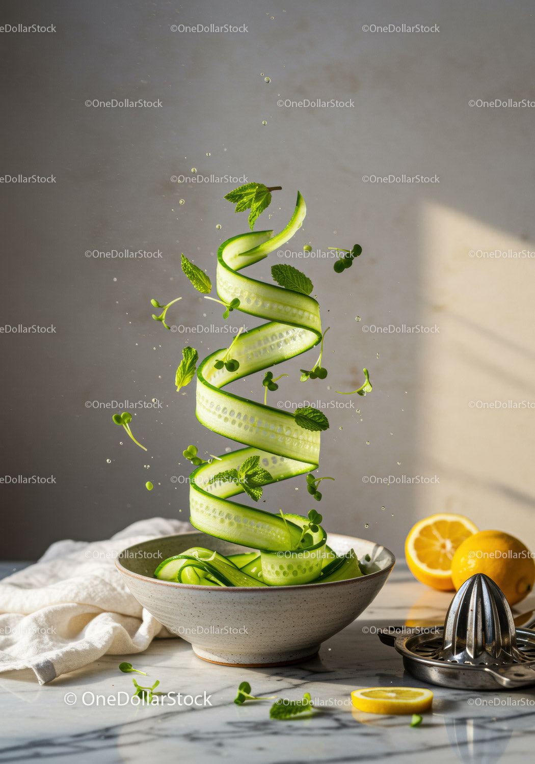 Fresh cucumber ribbon spiraling with herbs and lemon