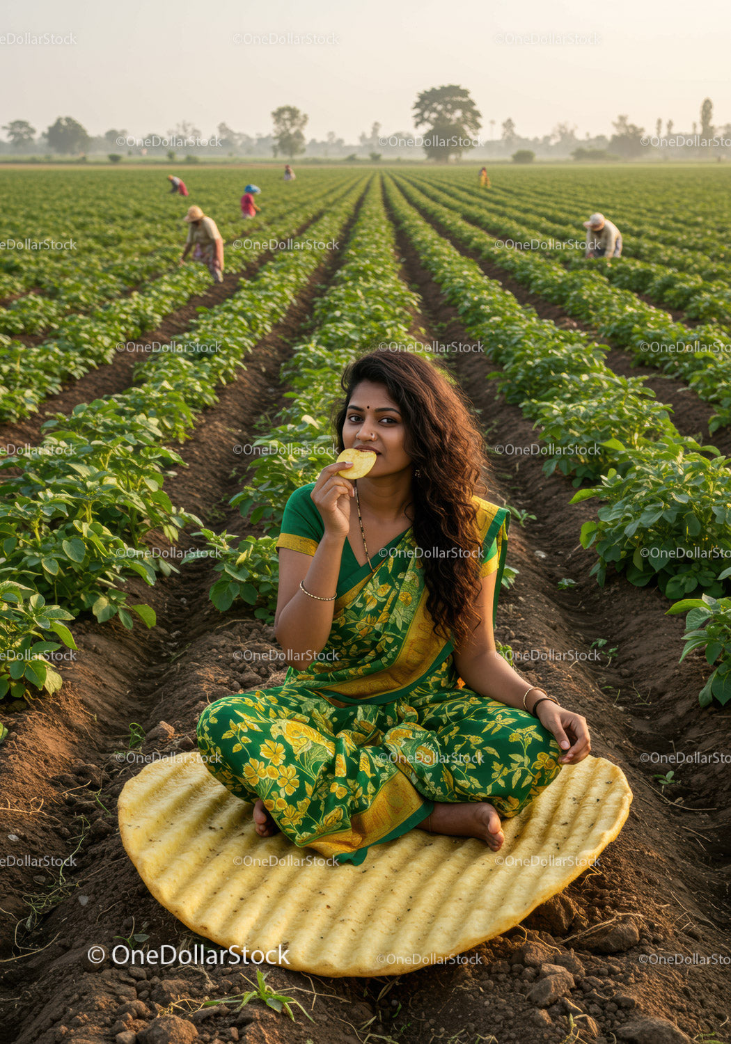Young woman enjoying snack in lush green farm field