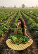 Young woman enjoying snack in lush green farm field