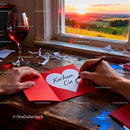 Hands writing love note with sunset and wine glass nearby