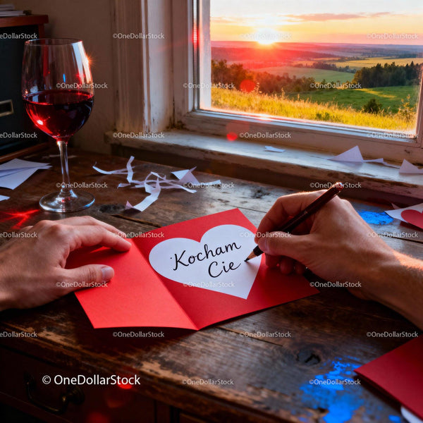 Hands writing love note with sunset and wine glass nearby
