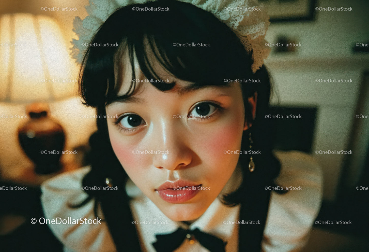 Young Woman in Vintage-Style Dress with Lace and Elegant Accessories
