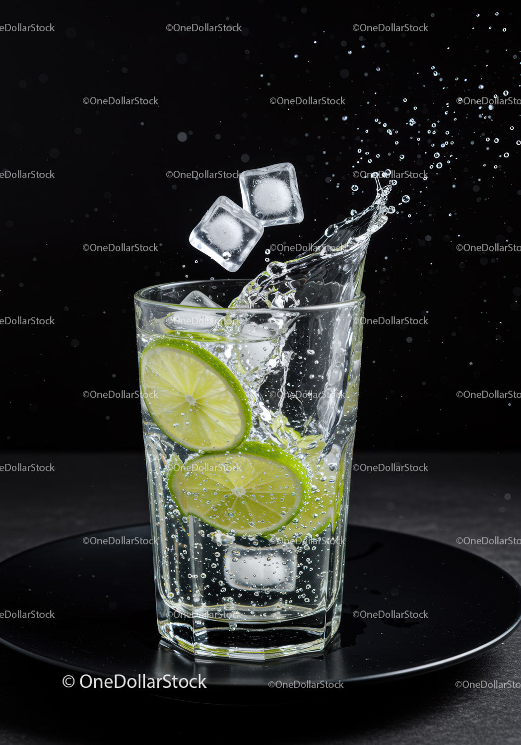 Refreshing lime slices with ice splashing in glass