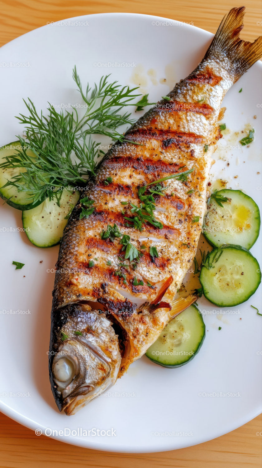 Grilled Fish with Fresh Cucumber Garnish and Herbs