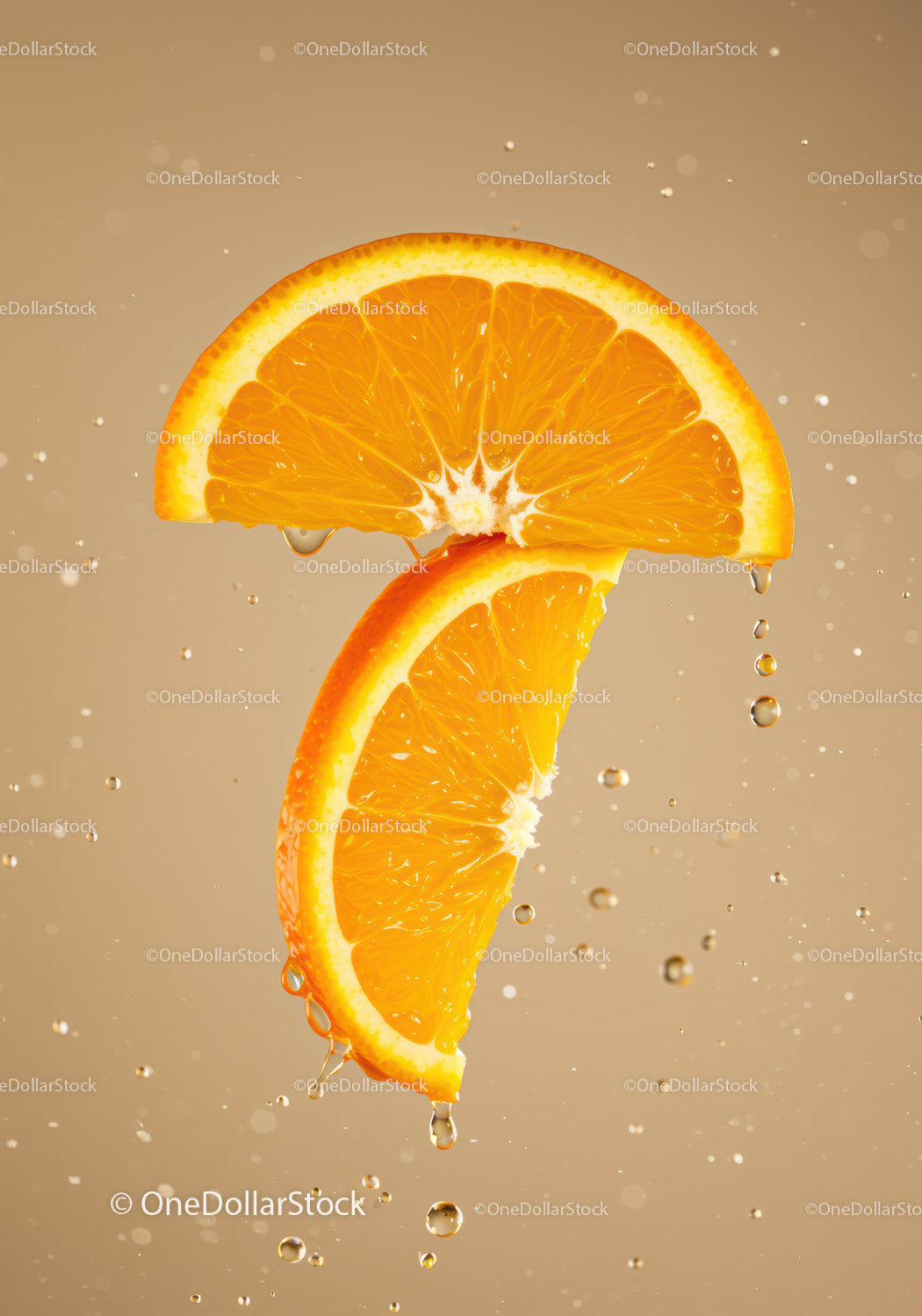 Fresh orange slices dripping with juice on beige background