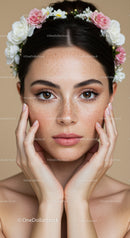 Portrait of a Young Woman with Freckles Wearing a Floral Crown