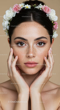 Portrait of a Young Woman with Freckles Wearing a Floral Crown