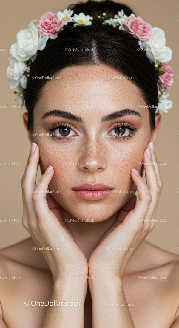 Portrait of a Young Woman with Freckles Wearing a Floral Crown