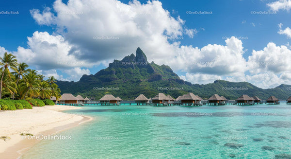 Tropical Island with Overwater Bungalows and Mountain Background