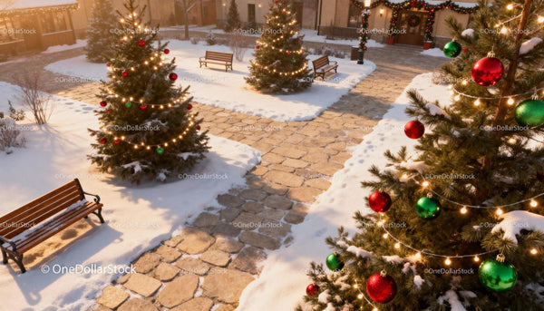 Cozy Christmas courtyard with decorated fir trees in snow