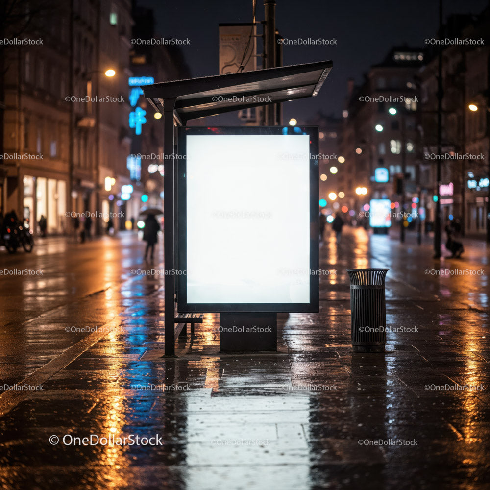 Night City Street with Illuminated Bus Stop and Neon Signs