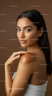 Young Woman with Coffee Scrub on Shoulder and Natural Beauty