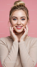 Bright Smiling Woman with Blue Eyes and Blonde Hair on Pink Background
