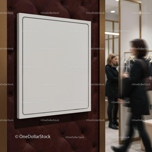 Blank square sign inside modern boutique store interior JPG Mockup Image