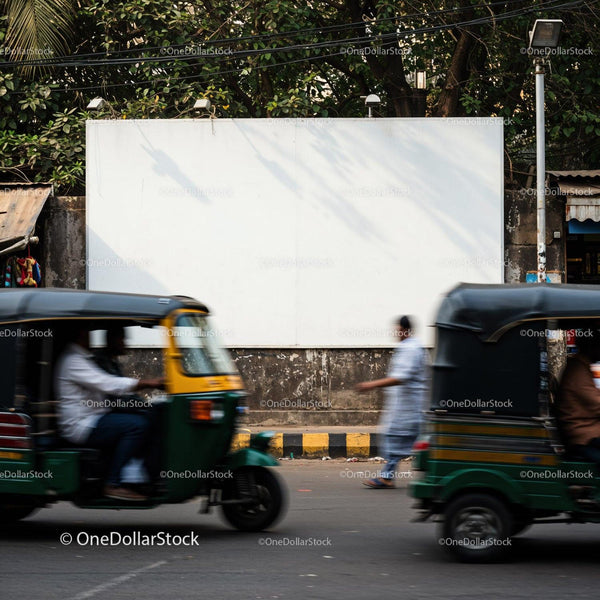 Busy urban street with blurred auto rickshaw movement JPG Mockup Image