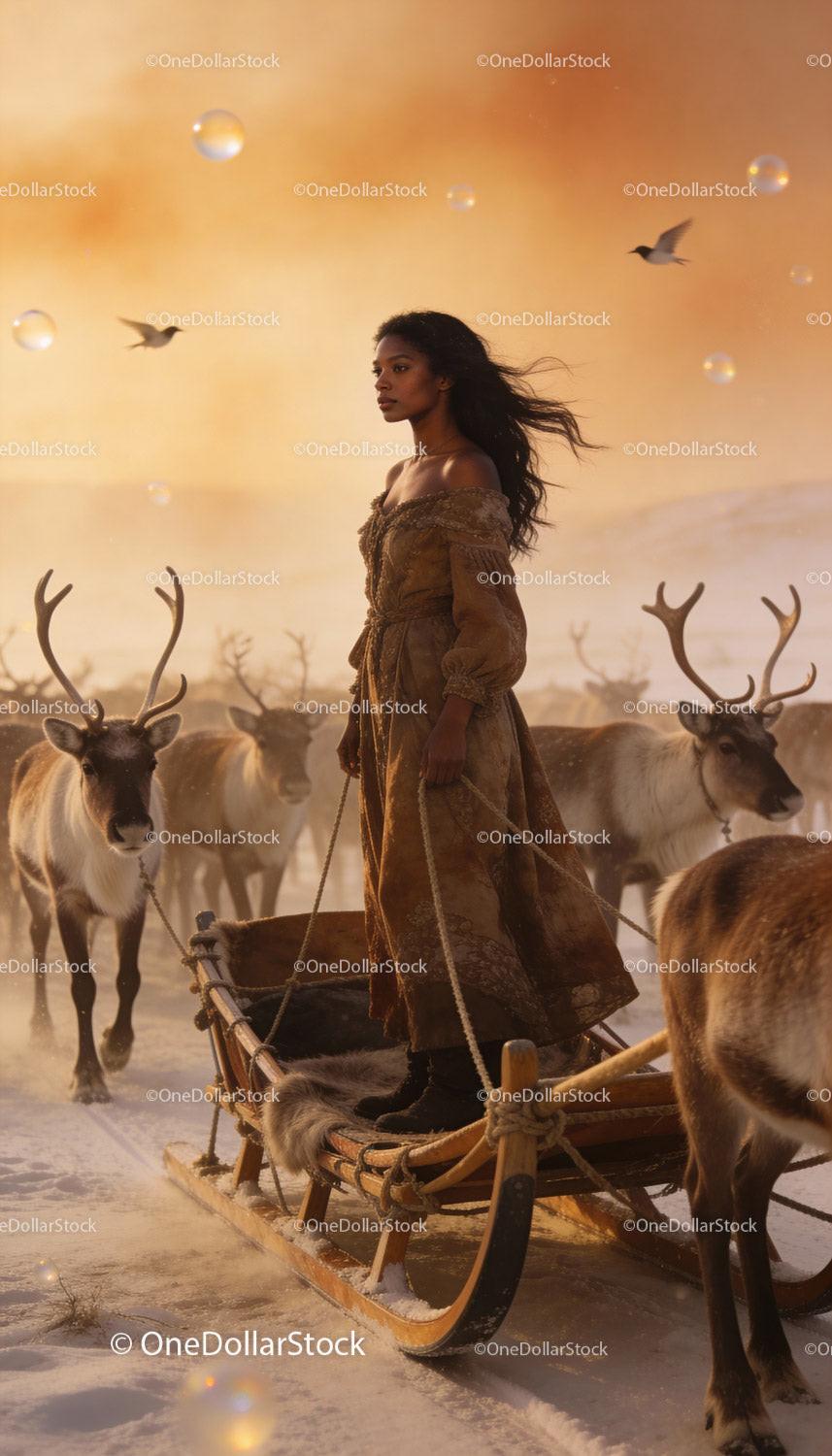 Woman in rustic dress standing on reindeer sled at sunset