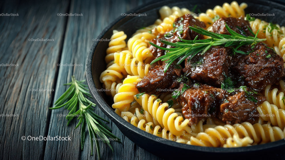 Beef Stroganoff with Mushrooms and Fettuccine on Wooden Table