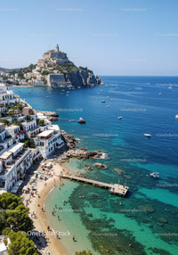 Picturesque Coastal Town with White Buildings and Clear Blue Water