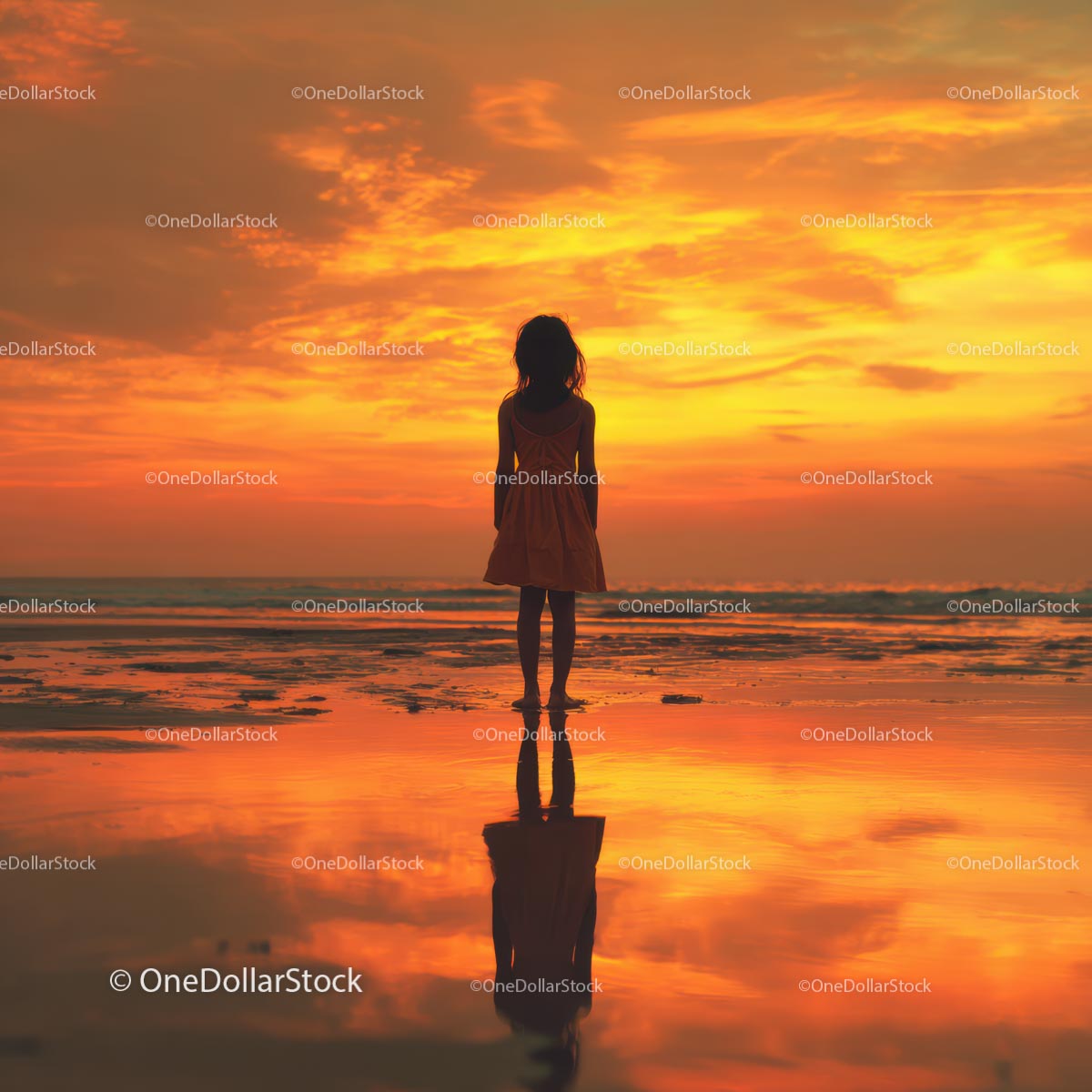 Silhouette of a Child at Sunset by the Ocean Shore