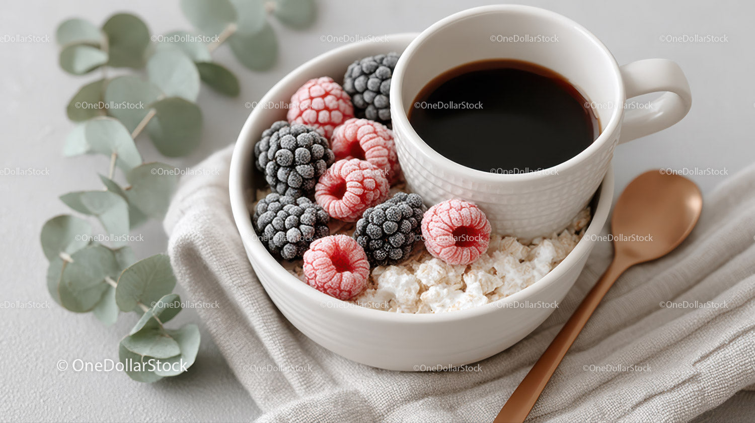 Fresh Fruit and Black Coffee in White Bowl and Mug