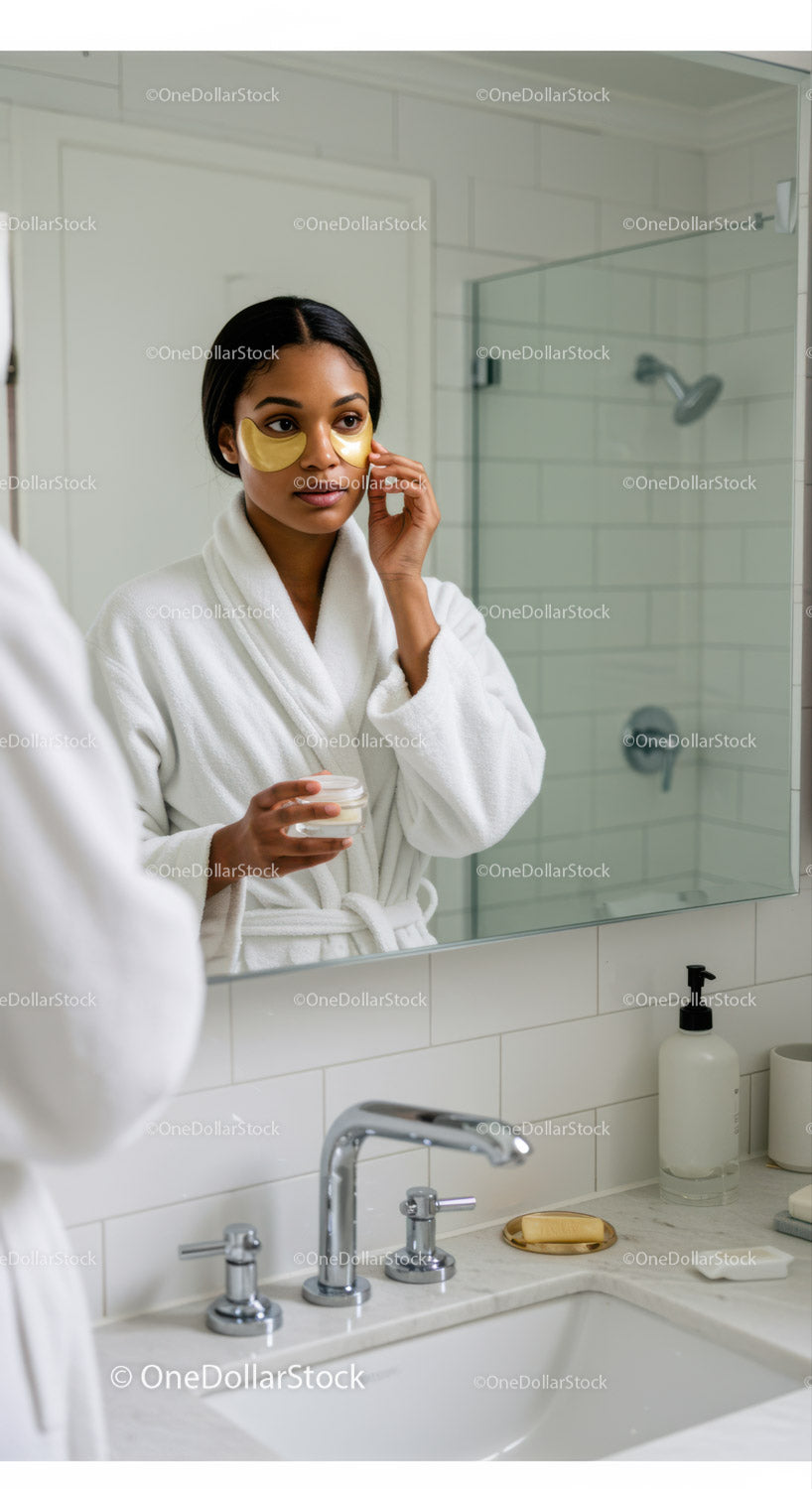 Young Woman Applying Eye Patch in Modern Bathroom Scene