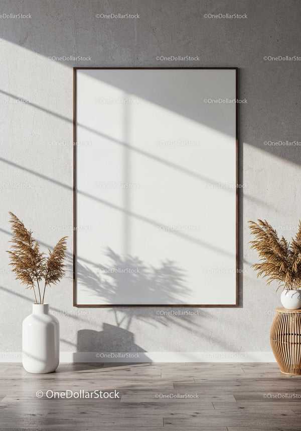 Minimalist room with blank framed canvas and decorative vases JPG Mockup Image