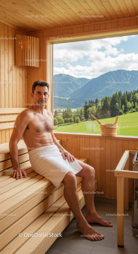 Relaxing Man Sitting in Sauna with Scenic Mountain View
