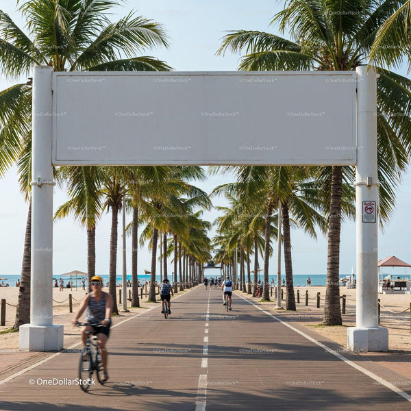 Cyclists enjoying beachfront path lined with palm trees JPG Mockup Image