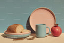 Pastel Kitchenware with Bread and Pomegranate in Minimalistic Style
